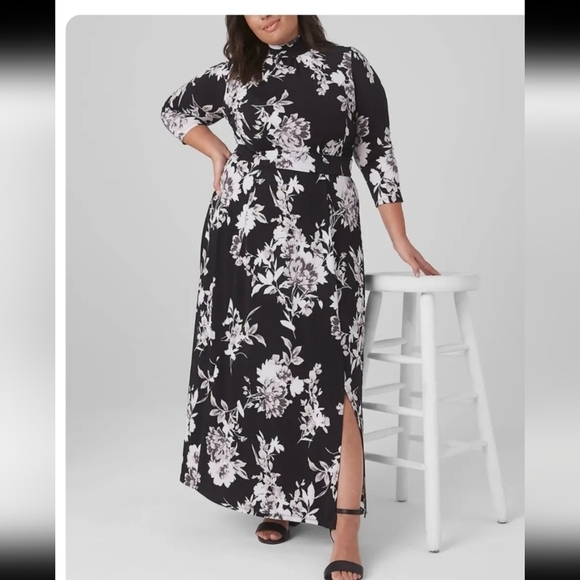 Lane Bryant Dresses & Skirts - Lane Bryant  sz 22/24. Boho black floral.  Open back, side slit. Mock neck